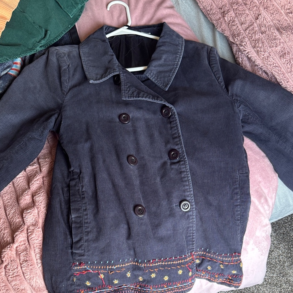 Navy Blue Jacket with Embroidered Hem